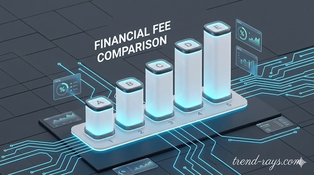 Best Invoicing Services for Tech Freelancers in Finland (2026 Fee Comparison) 2 A clean, modern UI/UX style 3D bar chart comparing financial fees. The chart shows five distinct columns of varying heights. The visual theme is "fintech and transparency," using a color palette of neon blue, crisp white, and subtle dark grey. The design should look like a sleek dashboard interface.