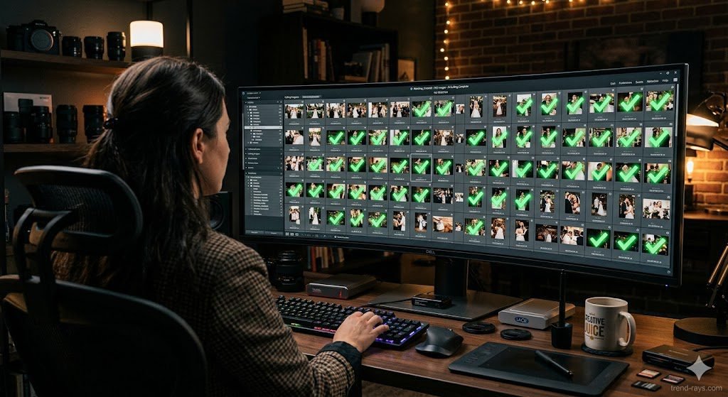 A photographer's workstation processing hundreds of wedding photos simultaneously using AI batch editing.