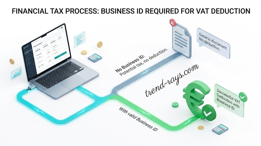 Best Invoicing Services for Tech Freelancers in Finland (2026 Fee Comparison) 3 An isometric 3D flowchart illustration showing a financial tax process. On the left side, a modern laptop (representing tech hardware). Two glowing paths branch out from the laptop: one path leads to a generic document icon (representing no Business ID), and the other path leads to a glowing Euro symbol with a green checkmark (representing successful VAT deduction with a Business ID). Clean, corporate tech style, white background, soft 3D lighting.