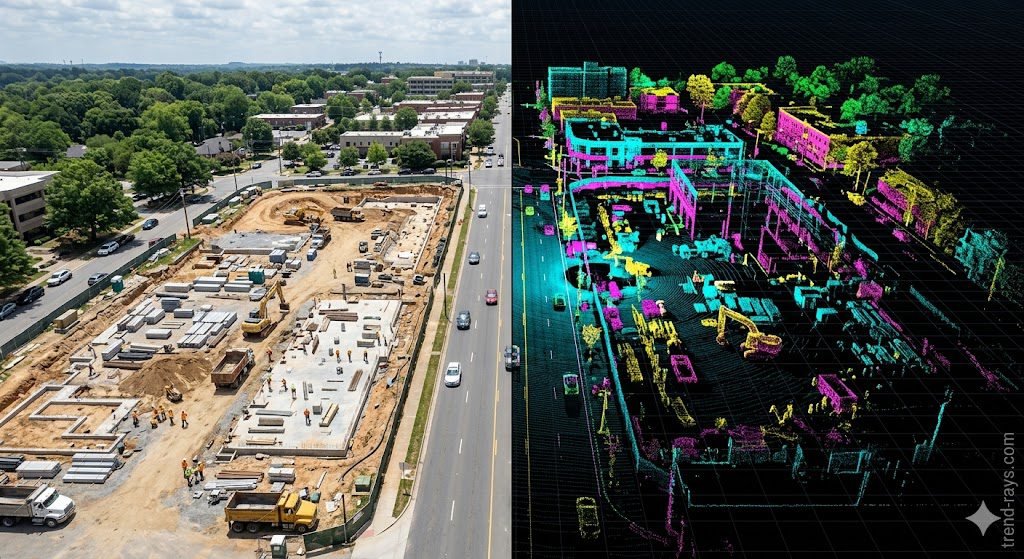 An aerial view of an Australian construction site transitioning into a 3D LiDAR point cloud mesh.