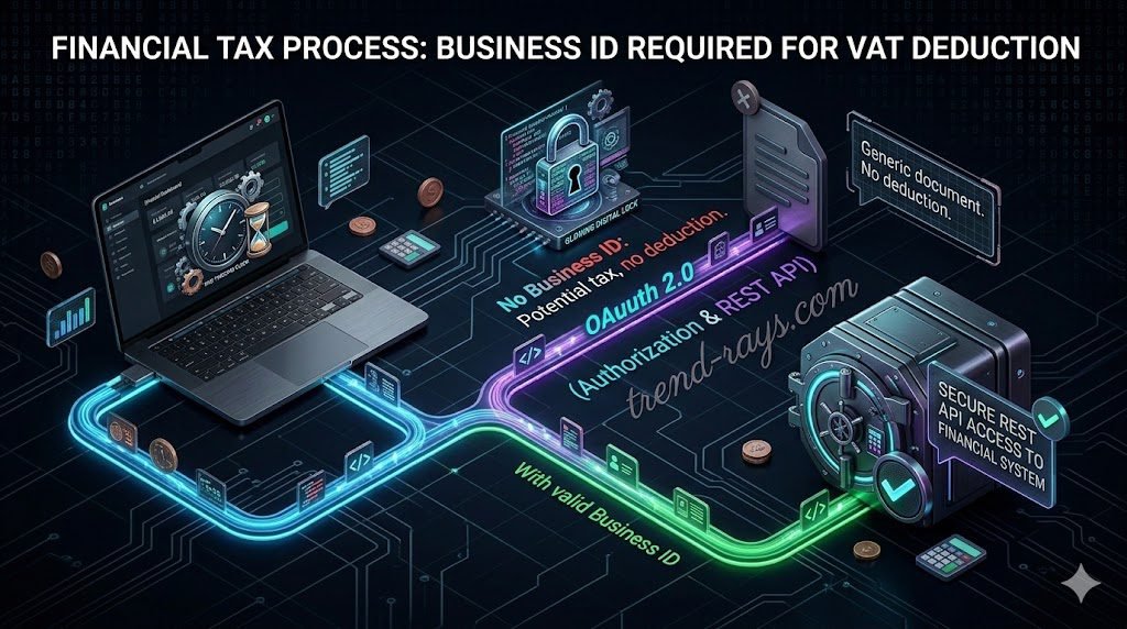 Best Invoicing Services for Tech Freelancers in Finland (2026 Fee Comparison) 4 A high-tech, dark mode network architecture diagram illustrating a REST API connection. The graphic features a glowing digital lock icon (representing OAuth 2.0) in the center, connecting a "time-tracking clock" icon on the left to a "secure bank vault" icon on the right. Glowing cyan and purple data lines flow between the nodes. Cyberpunk-lite aesthetic, highly detailed, perfect for a software developer blog.