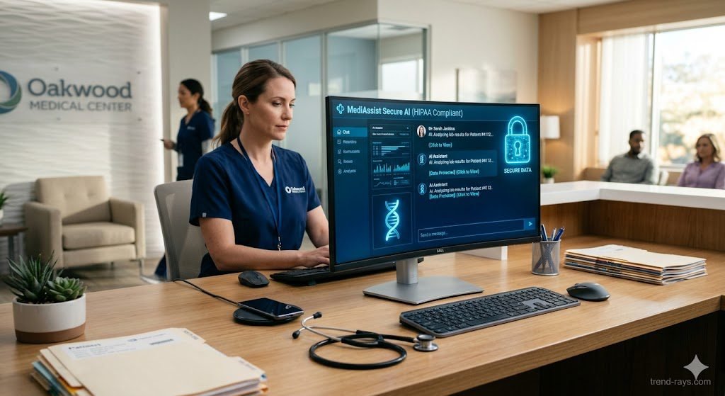 A highly photorealistic, cinematic image of a modern doctor's office reception desk. On the desk sits a sleek computer monitor displaying a secure, high-tech glowing blue medical AI chat interface with a digital padlock icon, symbolizing HIPAA security. A stethoscope rests elegantly on the desk next to the keyboard. Bright, clean, professional lighting.