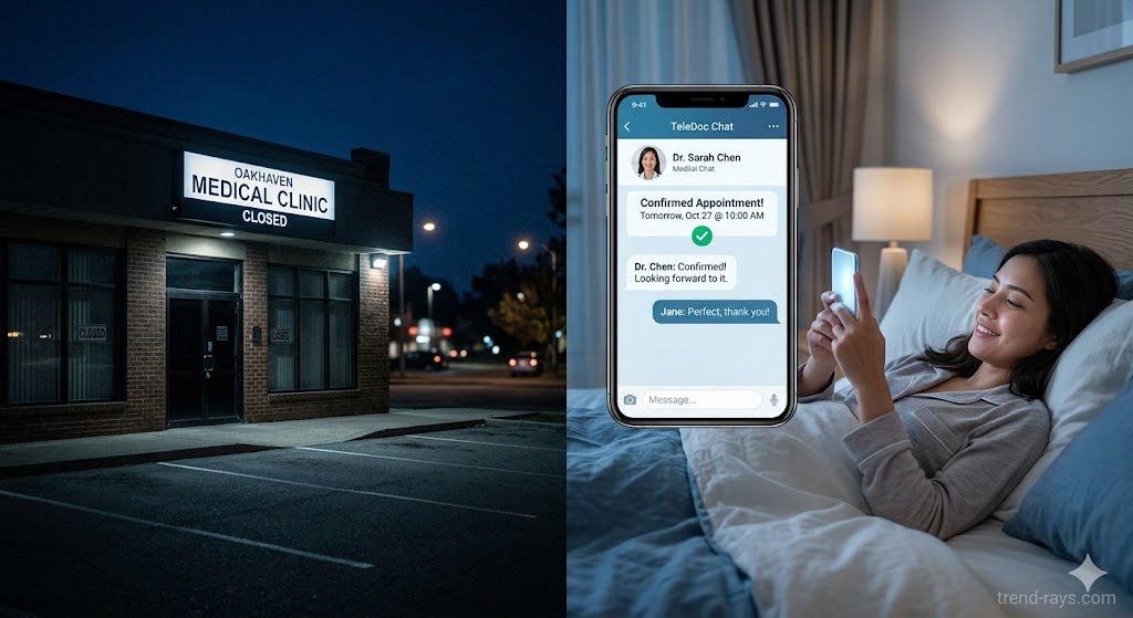 A patient booking a medical appointment on a smartphone at night while a medical clinic is closed.