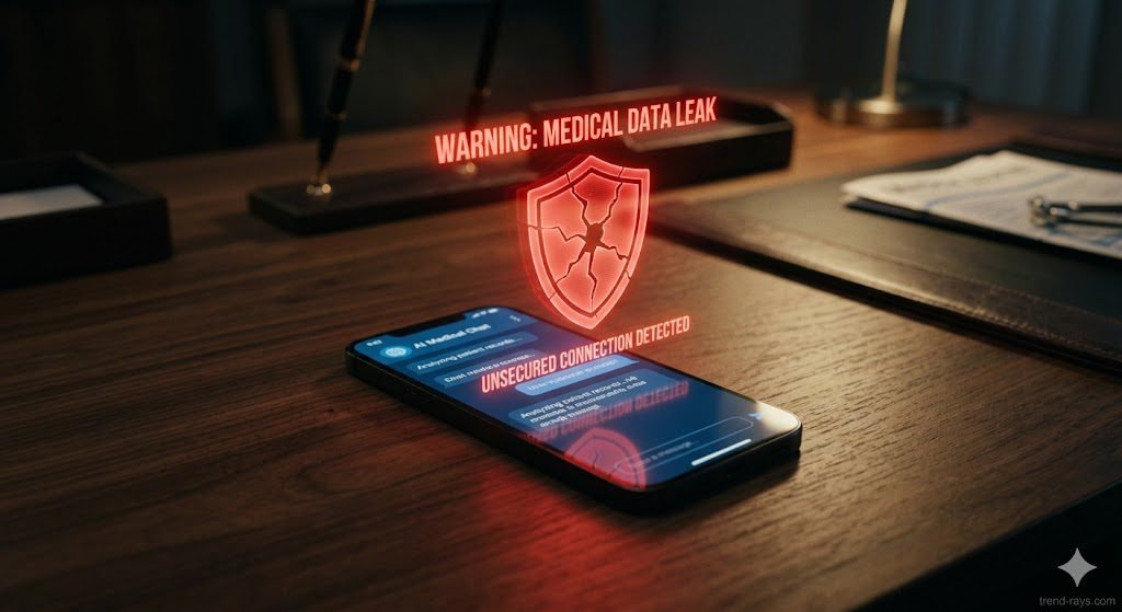 A glowing red warning shield over a smartphone displaying a generic AI interface, symbolizing a HIPAA data leak.