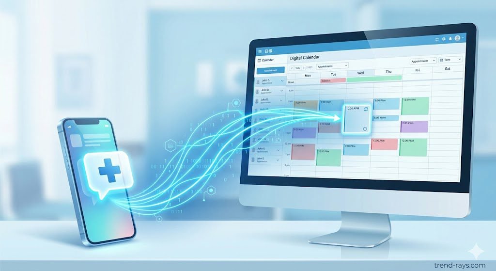 A digital data bridge seamlessly connecting a mobile medical chat app to a hospital EHR calendar dashboard.