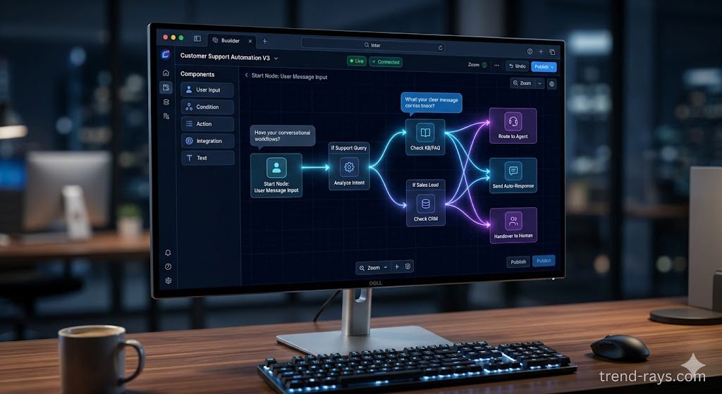 A close-up of a sleek computer monitor displaying a modern, drag-and-drop no-code software interface. Glowing connection lines link different digital chat bubbles together. Modern, SaaS tech aesthetic with a cool blue and purple color palette. A clear "trend-rays.com" watermark is in the lower right corner.