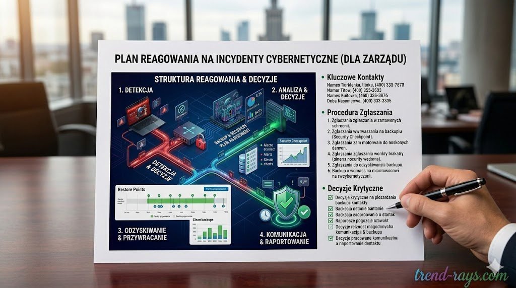 Prompt: A close-up photograph of a professional printed document resting on an executive desk. The title of the document at the top is bold and reads: "PLAN REAGOWANIA NA INCYDENTY CYBERNETYCZNE (DLA ZARZĄDU)". Below the title is a structured flowchart graphic and bullet points with headings like "Kluczowe Kontakty", "Procedura Zgłaszania", and "Decyzje Krytyczne". A hand with a pen is resting beside the document. 