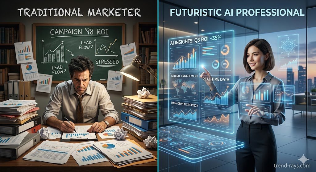 A sleek, modern split-screen graphic. On the left, a traditional marketer surrounded by messy charts. On the right, a futuristic, calm professional interacting with a clean, glowing holographic dashboard.