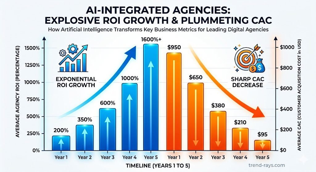 The State of AI Marketing in 2026: ROI, Agency Growth, and the Future of Digital Jobs 2 A clean, high-contrast bar chart showing the exponential growth in ROI and the sharp decrease in Customer Acquisition Costs (CAC) for AI-integrated agencies.
