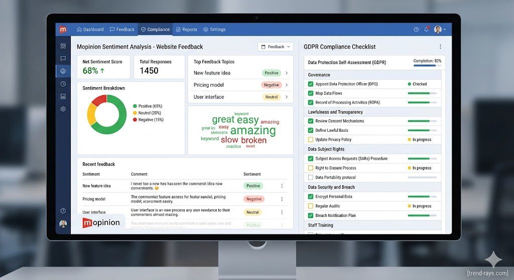 The State of AI Marketing in 2026: ROI, Agency Growth, and the Future of Digital Jobs 3 A dashboard comparison showing Mopinion's sentiment analysis UI next to a GDPR compliance checklist.