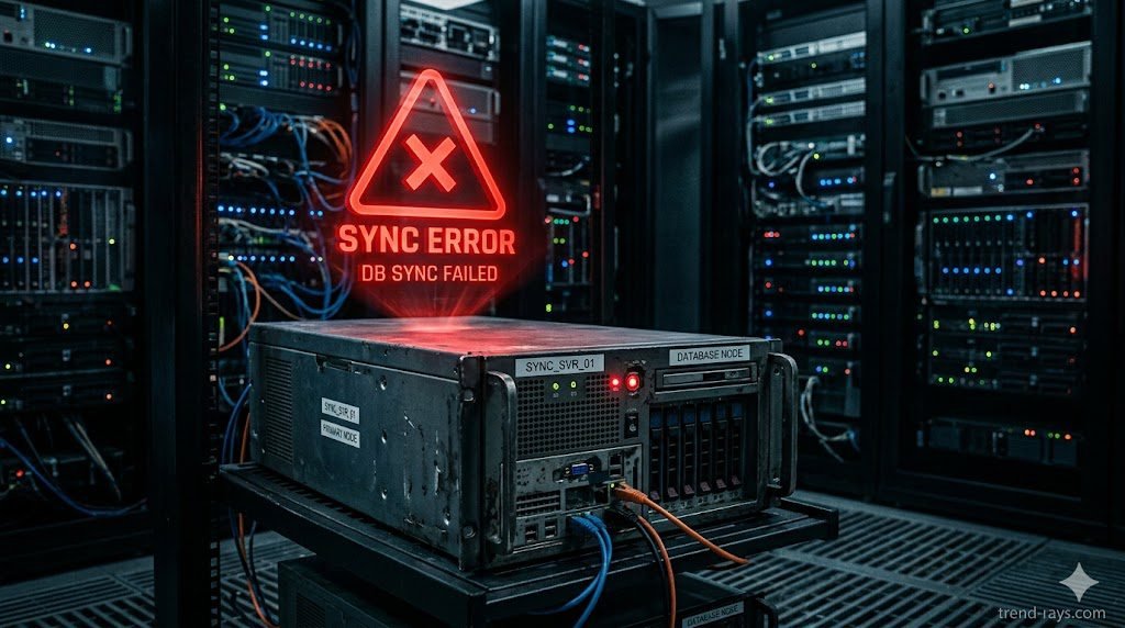Prompt: A dramatic, cinematic 16:9 image of a glowing red error warning sign hovering above an old, sturdy computer server tower, symbolizing a database syncing error. The background is a dimly lit, professional server room. High contrast, moody tech lighting. 