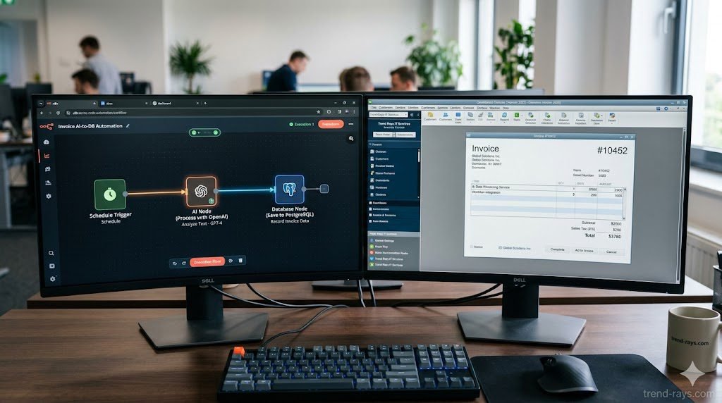 Prompt: A photorealistic 16:9 close-up of a dual-monitor workstation. The left screen shows a modern, drag-and-drop no-code automation flow (like n8n) connecting an AI node to a database. The right screen shows the classic QuickBooks Desktop interface with a newly generated invoice. Clean, bright IT office lighting. 