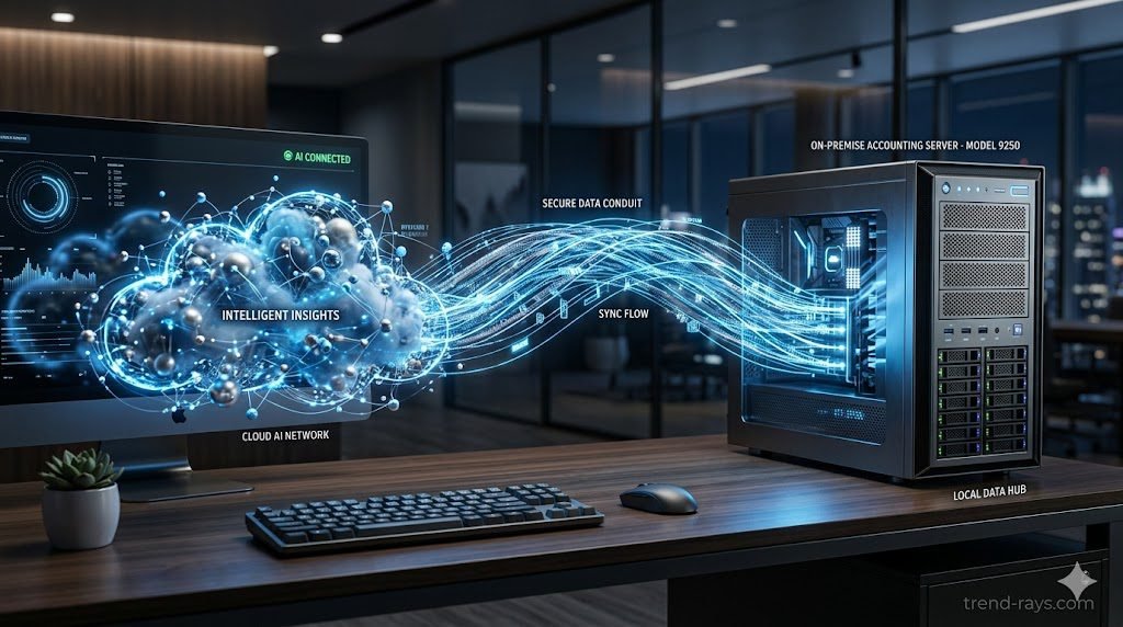 A photorealistic, highly detailed 16:9 image showing a modern, glowing digital bridge connecting a futuristic glowing cloud network (representing AI) to a sturdy, metallic server tower sitting on an office desk (representing on-premise accounting). Cool blue and silver corporate tech aesthetic.