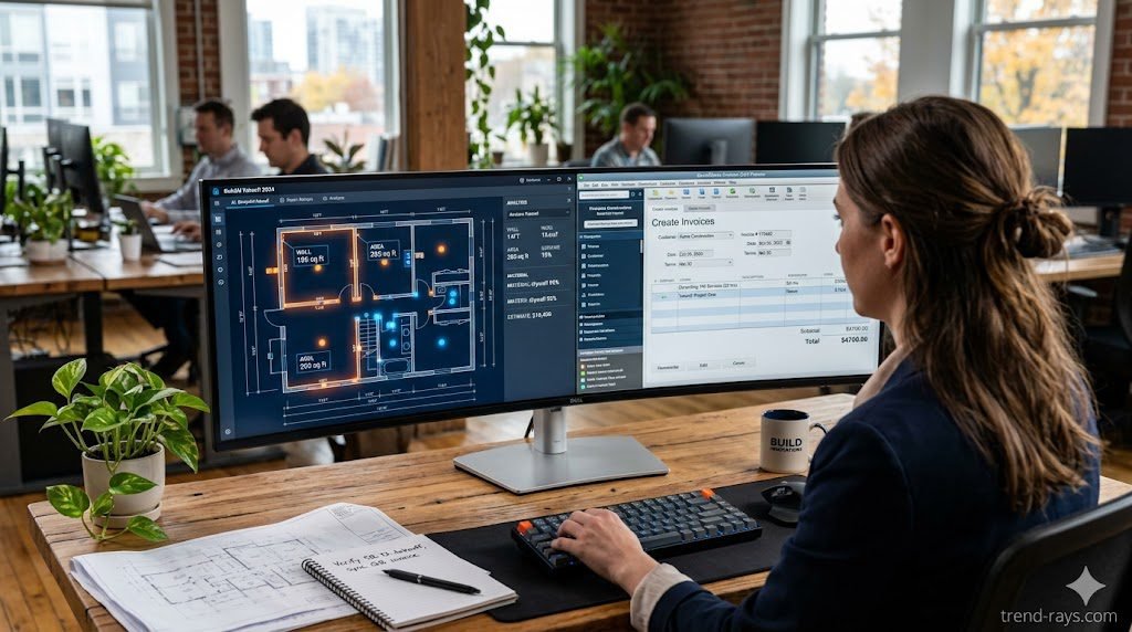 A photorealistic, over-the-shoulder shot of a project manager sitting at a wooden desk. They are looking at a sleek computer monitor split into two screens: the left side shows a modern AI blueprint takeoff software with glowing data points, and the right side shows the classic QuickBooks Desktop invoice screen. Bright, professional office lighting. 