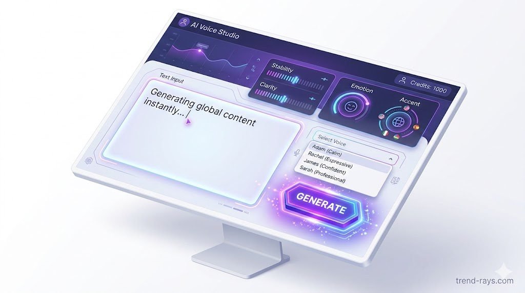 How AI Text-to-Speech is Disrupting the Voiceover Industry in 2026 (And the Top SaaS Tools to Use) 3 A stylized, isometric mockup of a professional AI voice generation SaaS dashboard interface. A clean monitor screen is tilted. The main text box displays example text like "Generating global content instantly..." to the left. To the right, clear graphical sliders and circular gauges control parameters clearly labeled as "Stability," "Clarity," "Emotion," and "Accent." A dropdown menu is open, showing voice names like "Adam (Calm)" and "Rachel (Expressive)." Below it, a large glowing "GENERATE" button. Clean UI aesthetic with neon purple and blue accents. A clean white background. Watermark "trend-rays.com" included.
