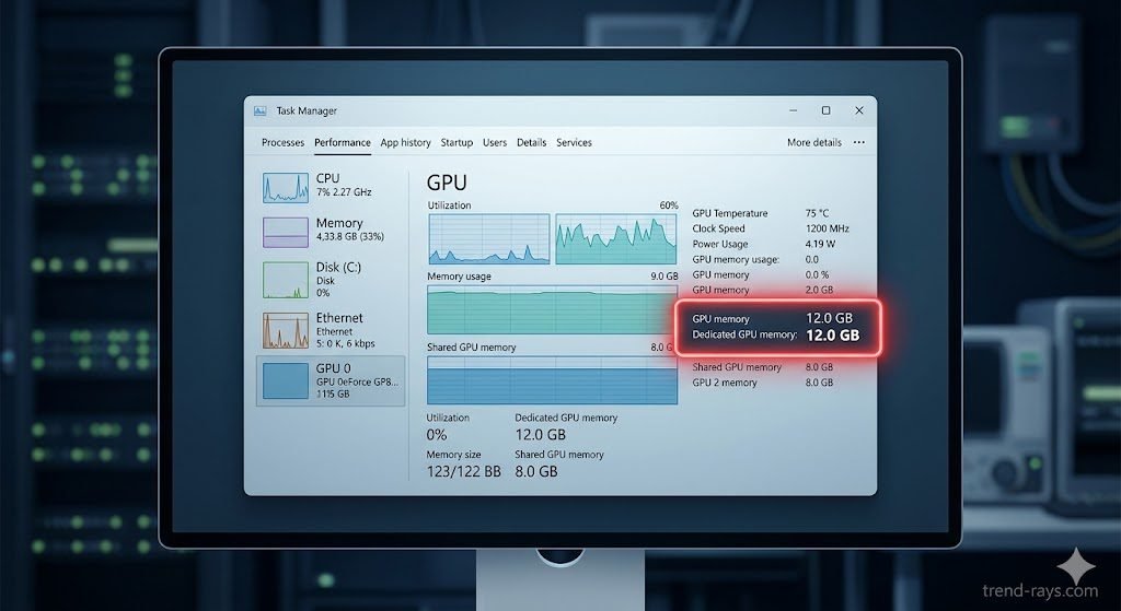 Best Open-Source Uncensored AI Chatbots to Run Locally on PC (2026 Guide) 2 A clean, stylized digital illustration showing a close-up of a modern Windows Task Manager interface on a sleek monitor. The "Performance" tab is highlighted, with a glowing red box specifically drawn around the "Dedicated GPU Memory" metric (showing 12.0 GB). The background is a slightly blurred, dark tech environment.
