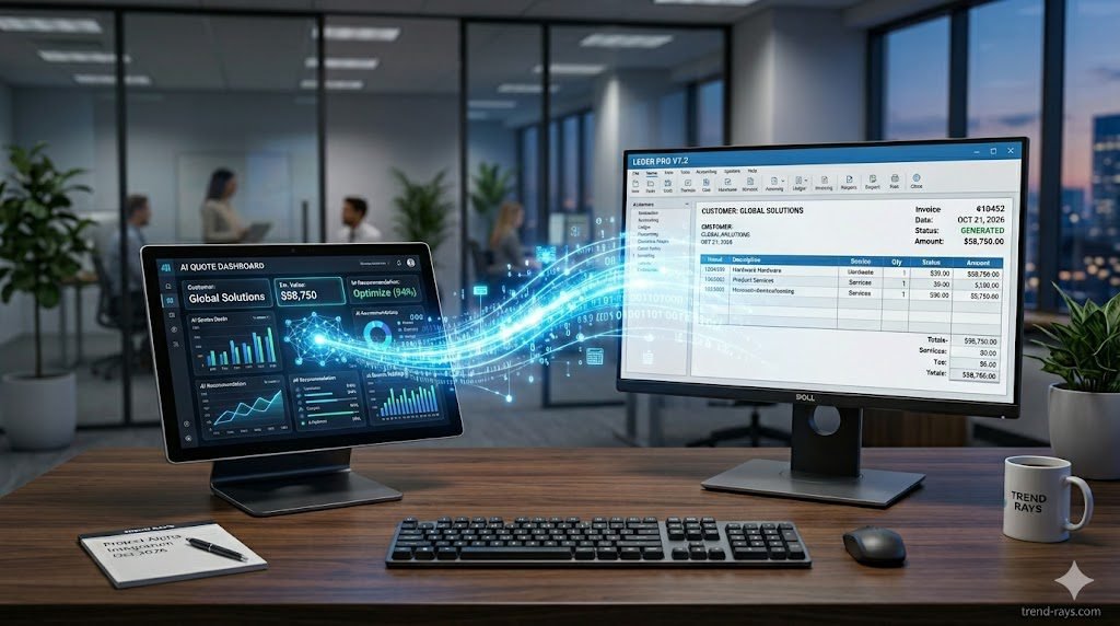 A highly photorealistic, 16:9 cinematic image of a modern professional office desk. On the left, a sleek tablet displays a high-tech, glowing AI quoting dashboard. On the right, a sturdy traditional PC monitor displays a classic accounting ledger and invoicing interface. A glowing, bright blue digital data stream seamlessly connects the two screens, symbolizing secure cloud-to-desktop software integration. Professional, clean corporate lighting.