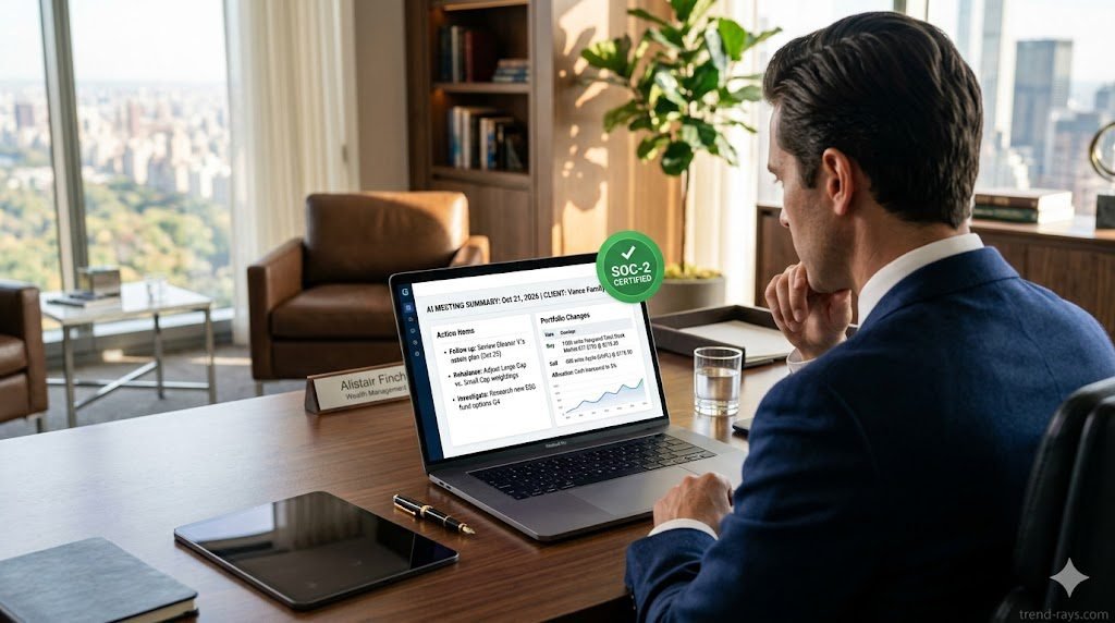Best SOC-2 Compliant AI Note-Takers for Financial Advisors & CPAs (2026) 4 A photorealistic, over-the-shoulder shot of a sharply dressed wealth manager sitting in a high-end office. They are looking at a sleek laptop screen displaying a modern AI meeting summary dashboard with sections labeled "Action Items" and "Portfolio Changes". The dashboard has a prominent green "SOC-2 Certified" badge. Bright, natural sunlight streaming through a window.