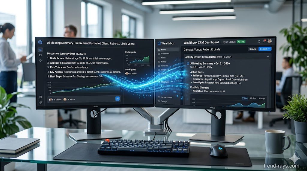 Best SOC-2 Compliant AI Note-Takers for Financial Advisors & CPAs (2026) 3 A photorealistic 16:9 close-up of a dual-monitor workstation on a sleek glass desk. The left monitor shows an AI meeting summary analyzing a retirement portfolio. The right monitor shows a secure financial CRM dashboard (like Redtail or Wealthbox) where the notes are automatically syncing via a glowing digital data line. Bright, professional IT lighting.