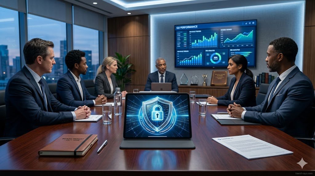 Best SOC-2 Compliant AI Note-Takers for Financial Advisors & CPAs (2026) 2 A highly photorealistic, 16:9 cinematic image of a modern executive boardroom. On the mahogany table, a sleek tablet displays a glowing digital shield with a padlock icon, symbolizing SOC-2 cybersecurity. In the background, blurred financial charts and a traditional CPA ledger are visible. Cool, professional corporate lighting (blues and silvers).