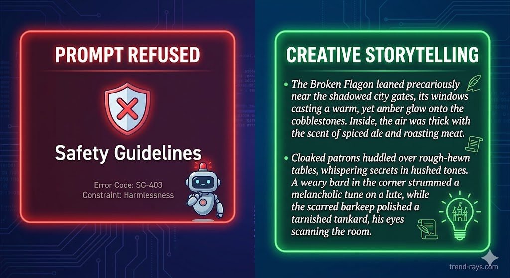 Best Open-Source Uncensored AI Chatbots to Run Locally on PC (2026 Guide) 4 A split-screen graphic for a tech blog. On the left side, a glowing red error box with the text "Prompt Refused: Safety Guidelines." On the right side, a glowing green box showing lines of beautifully formatted, creative storytelling text about a dark fantasy tavern. The style is clean, vector-based infographic art.
