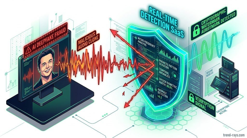 How AI Text-to-Speech is Disrupting the Voiceover Industry in 2026 (And the Top SaaS Tools to Use) 4 A dynamic isometric illustration showing the conflict between audio deepfakes and security. A screen on the left shows a stylized cloned celebrity face emitting jagged red sound waves, labeled "AI DEEPFAKE FRAUD." These waves are being intercepted mid-air by a glowing digital shield on the right, labeled "REAL-TIME DETECTION SaaS." The shield is analyzing micro-frequencies and phonetic patterns. Emerging from the safe side of the shield is verified audio, clearly labeled with a lock icon and text that reads "CRYPTOGRAPHIC WATERMARK DETECTED." Sleek cyber-security palette of neon green, blue, and red. Clean white background. Watermark "trend-rays.com" included.