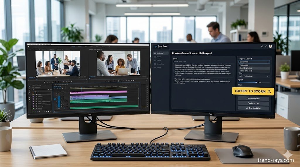 A photorealistic 16:9 close-up of a dual-monitor workstation. The left screen shows a video timeline editor for an HR training video. The right screen shows an AI voice generation dashboard with language translation dropdowns and a "Export to SCORM" button. Clean, bright IT office lighting.