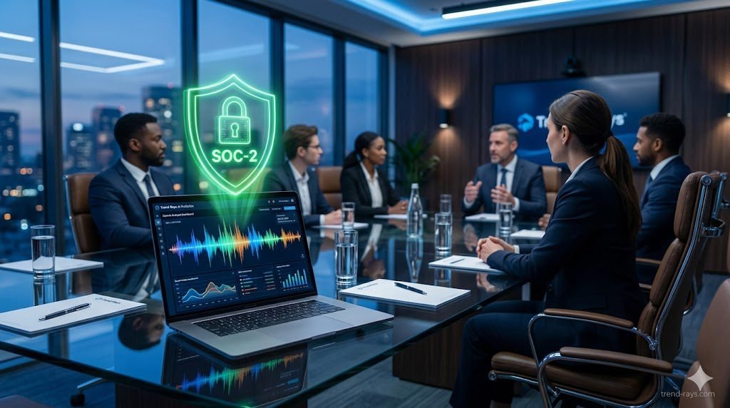 A photorealistic, 16:9 cinematic image of a modern corporate boardroom. On a sleek glass table, a laptop displays a high-tech AI audio waveform dashboard. A glowing green shield with a "SOC-2" padlock icon hovers above the screen, symbolizing enterprise cybersecurity. Professional, cool blue corporate lighting. 