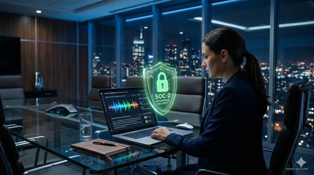 A highly photorealistic, 16:9 cinematic image of a modern corporate boardroom. On a sleek glass table, a premium laptop displays a high-tech, glowing AI audio waveform dashboard. A glowing green digital shield with a "SOC-2" padlock icon hovers slightly above the screen, symbolizing enterprise cybersecurity and data protection. Professional, cool blue and silver corporate lighting with a softly blurred city skyline in the background.
