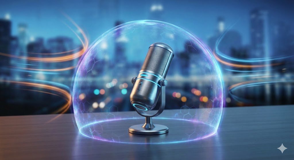 Image Prompt: A minimalist 3D render of a futuristic microphone sitting on a pristine desk. Surrounding the microphone is a glowing, translucent, holographic soundproof barrier blocking out stylized, blurred elements of wind and city traffic in the background. Cinematic lighting, tech-forward vibe.