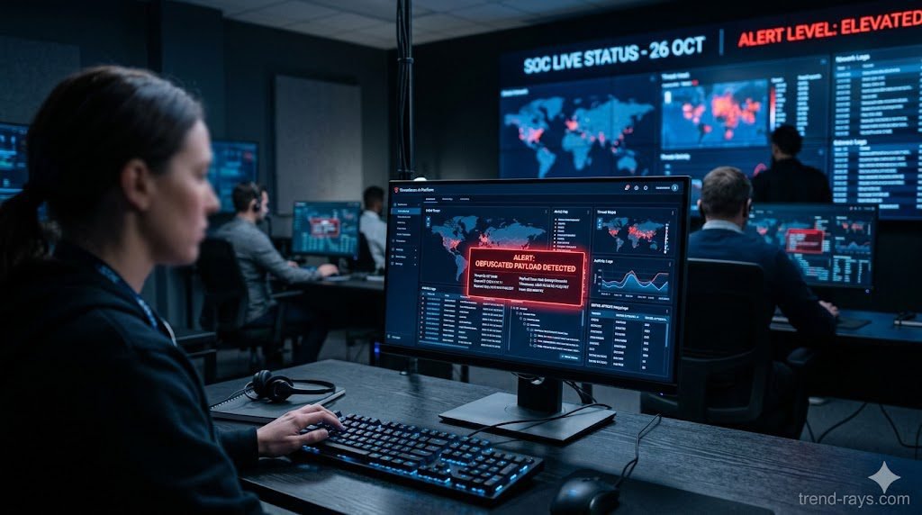 A highly photorealistic, 16:9 cinematic image of a modern Security Operations Center (SOC). In the foreground, a dark-mode glowing computer monitor displays a complex cybersecurity threat-hunting dashboard. A red warning alert reads "Obfuscated Payload Detected." In the background, out-of-focus IT analysts monitor large digital wall screens. Cool blue and aggressive red cyber lighting. 
