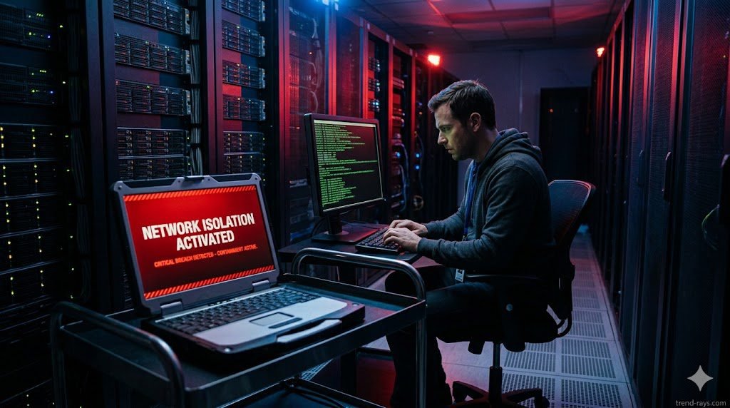 A photorealistic, 16:9 cinematic image of a cybersecurity response scenario. A glowing laptop screen shows a stark red "Network Isolation Activated" warning. In the background, an IT professional is urgently typing on a separate diagnostic monitor showing rolling lines of code. High-contrast, moody emergency lighting in a server room
