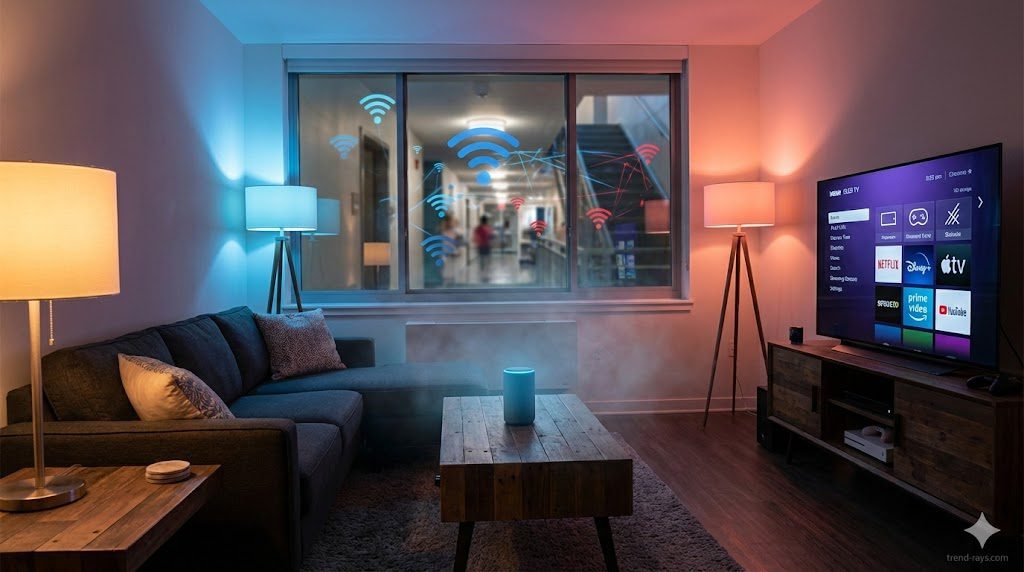 A wide-angle landscape photograph of a modern, stylish apartment living room at dusk, filled with glowing smart devices: a smart speaker on a coffee table, color-changing smart bulbs in floor lamps, and a large smart TV displaying a generic streaming menu. Through a large window or open doorway in the background, a blurred, busy multi-story apartment complex hallway is visible, with abstract, overlapping blue and red Wi-Fi signal icons floating chaotically in the public space outside the private unit. The overall aesthetic is tech-forward and slightly moody.
