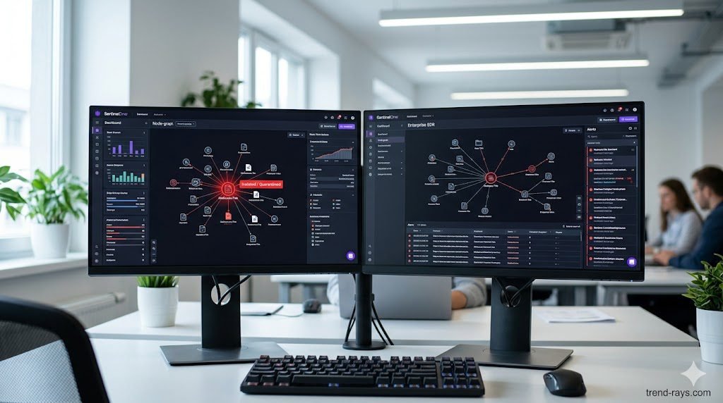 A photorealistic 16:9 close-up of a cybersecurity professional's dual-monitor workstation. The screen displays an Enterprise EDR dashboard (like SentinelOne or CrowdStrike) showing a visual node-graph of a malware attack. One specific malicious file node is highlighted in bright red and marked "Isolated / Quarantined." Clean, bright corporate IT office lighting.
