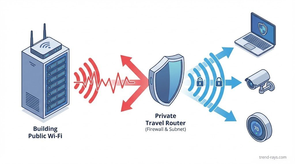 A clean, isometric infographic diagram on a clean white or light grey background. On the left side, a large, generic server rack router labeled "Building Public Wi-Fi" emits unsecured, jagged red signal waves. These red waves hit a central shield-shaped barrier formed by a small, sleek, modern travel router labeled "Private Travel Router (Firewall & Subnet)". Emerging from the right side of the travel router are smooth, secure, encrypted blue signal waves that connect to icons of private smart home devices: a laptop, a security camera icon, and a smart thermostat. Arrows clearly show the flow from insecure public to secure private.