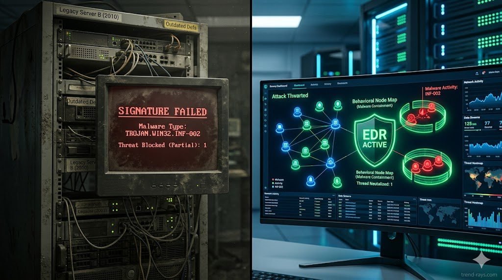 A highly photorealistic, 16:9 cinematic image split down the middle. On the left side, an outdated, dusty server rack with a red "Signature Failed" warning on a low-res monitor. On the right side, a sleek, glowing futuristic cybersecurity dashboard showing a 3D behavioral node map of a thwarted malware attack with a green "EDR Active" shield. High contrast, professional corporate IT lighting. 