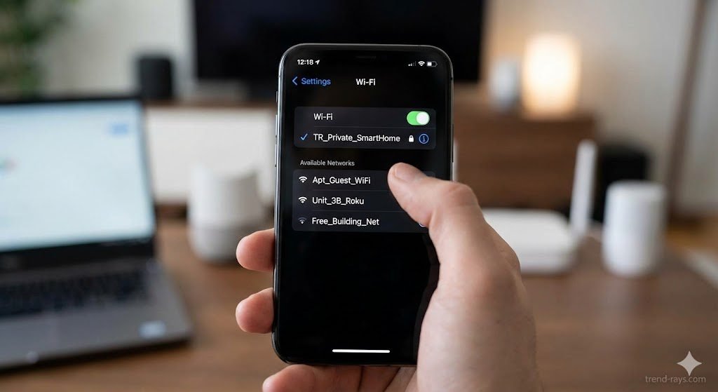 A close-up, shallow depth-of-field photograph of a modern smartphone held in a hand. The screen is brightly lit and displays a Wi-Fi settings menu. The phone is securely connected to a network named "TR_Private_SmartHome" which has a prominent padlock icon next to it. Below that, a list of available unsecured public networks are visible, such as "Apt_Guest_WiFi," "Unit_3B_Roku," and "Free_Building_Net," all without padlock icons. A finger is hovering near the secure private connection. 