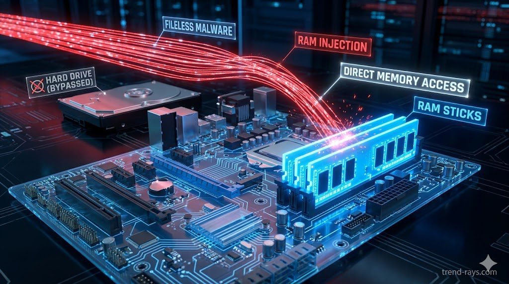 A photorealistic, 16:9 image of a translucent computer motherboard. Above the hardware, glowing red data streams represent "fileless malware" bypassing the physical hard drive and injecting directly into the glowing blue RAM sticks. Clean, modern cybersecurity aesthetic. 