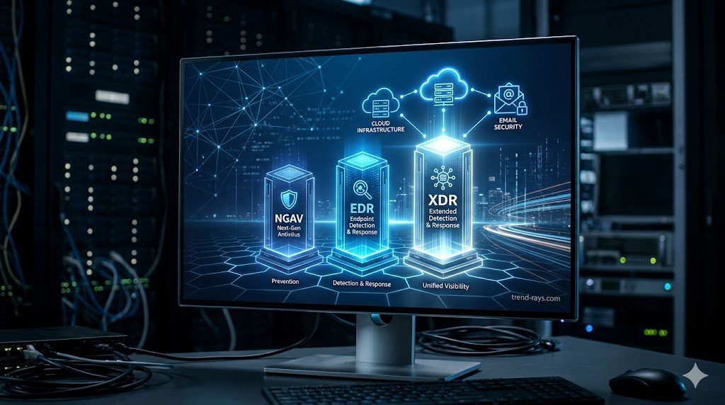 A highly photorealistic, 16:9 infographic-style image displayed on a sleek glass monitor in a dark corporate IT room. The monitor displays three glowing, interconnected digital pillars labeled "NGAV", "EDR", and "XDR", with the XDR pillar shining the brightest and connecting to cloud and email icons. Clean, high-tech corporate blue and silver color palette. 