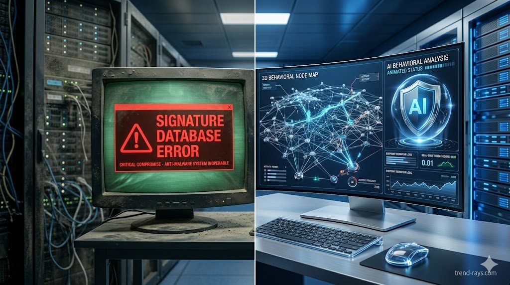 A highly photorealistic, 16:9 cinematic image split down the middle. On the left side, an outdated, dusty server rack with a red "Signature Database Error" warning on a low-resolution CRT monitor. On the right side, a sleek, glowing futuristic cybersecurity dashboard showing a 3D behavioral node map and an active "AI Behavioral Analysis" shield. Professional corporate IT lighting with deep blues and silvers.