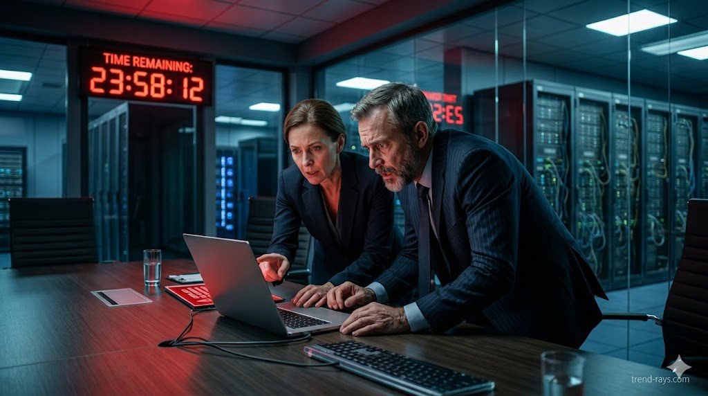 Enterprise Ransomware Recovery: The 2026 CISO Playbook 2 A highly photorealistic, 16:9 cinematic image of a high-stakes corporate boardroom. A CISO and a CFO are urgently looking at a sleek laptop displaying a stark red ransomware "files encrypted" demand screen. In the background, a digital clock shows a countdown timer. High contrast, moody emergency tech lighting.