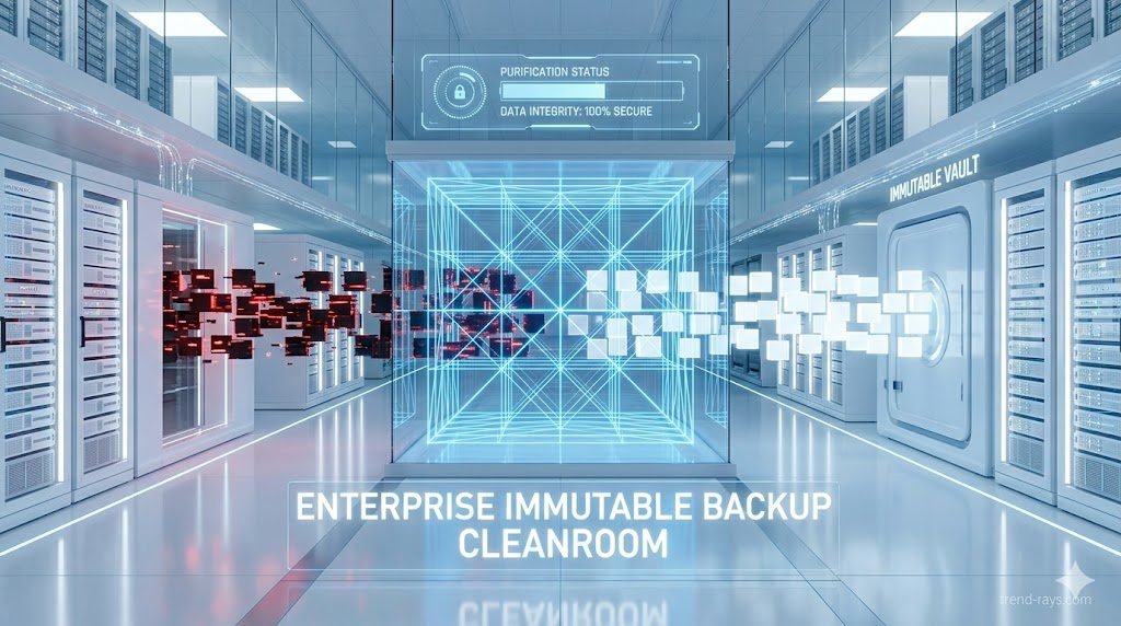 Enterprise Ransomware Recovery: The 2026 CISO Playbook 3 A photorealistic, 16:9 3D conceptual render of a futuristic, glowing white "Cleanroom" server environment. Corrupted, red data blocks are passing through a glowing blue laser scanning grid, emerging on the other side as clean, purified white data blocks. Represents enterprise immutable backups