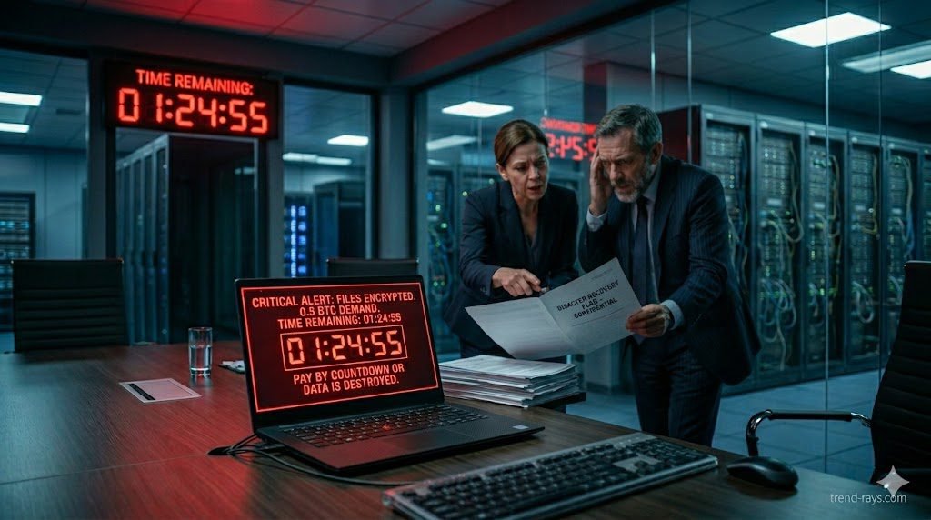A highly photorealistic, 16:9 cinematic image of a high-stakes corporate boardroom. In the foreground, a sleek enterprise laptop displays a stark, glowing red ransomware "files encrypted" demand screen with a digital countdown timer. In the subtly blurred background, a CISO and CFO are standing urgently, reviewing a disaster recovery document. High contrast, moody emergency tech lighting (deep reds and cool shadows).