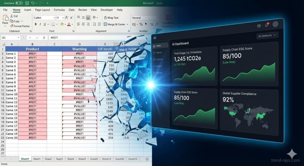 A complex, error-filled Microsoft Excel spreadsheet with multiple tabs and red error #REF! and #VALUE! warnings is being dramatically shattered into pieces by a glowing blue digital force. Emerging from the broken data is a clean, futuristic AI dashboard with a minimalist dark interface. The dashboard displays real-time metrics with green upward-trending graphs and percentages: "Total Scope 1 & 2 Emissions: 1,245 tCO2e (↓15% YoY)," "Supply Chain ESG Score: 85/100 (Low Risk)," and a map showing "Global Supplier Compliance: 92%."
