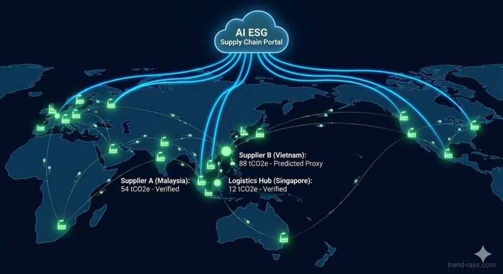 A stylized digital map showing a global supply chain network. Small glowing green nodes represent different factories and logistics hubs across Asia, Europe, and North America. Thin lines with small, moving data packets connect these nodes. Above the map, a floating cloud icon labeled "AI ESG Supply Chain Portal" is connected to the entire network with thick, glowing blue lines. Text overlays on the nodes read "Supplier A (Malaysia): 54 tCO2e - Verified," "Supplier B (Vietnam): 88 tCO2e - Predicted Proxy," and "Logistics Hub (Singapore): 12 tCO2e - Verified."