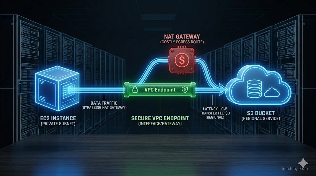 A clean, photorealistic 16:9 3D conceptual diagram of cloud infrastructure. On the left, a glowing server block (EC2) routes a glowing blue data stream directly to a cloud storage block (S3) via a secure, green "VPC Endpoint" tunnel, completely bypassing a red, expensive-looking "NAT Gateway" node. Corporate tech aesthetic. 
