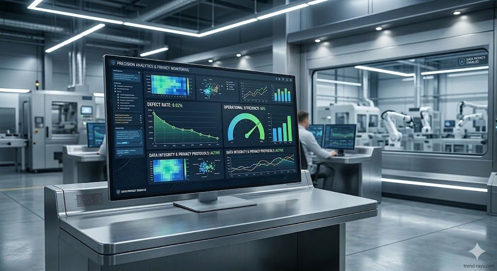 In the foreground, a large digital monitor displays a clean dashboard with abstract data visualization: graphs showing "DEFECT RATE: 0.02%" and "OPERATIONAL EFFICIENCY: 98%". Crucially, there is NO live video feed of human workers visible on the screen, only data analytics. The lighting is industrial and clean, emphasizing precision engineering and data privacy.