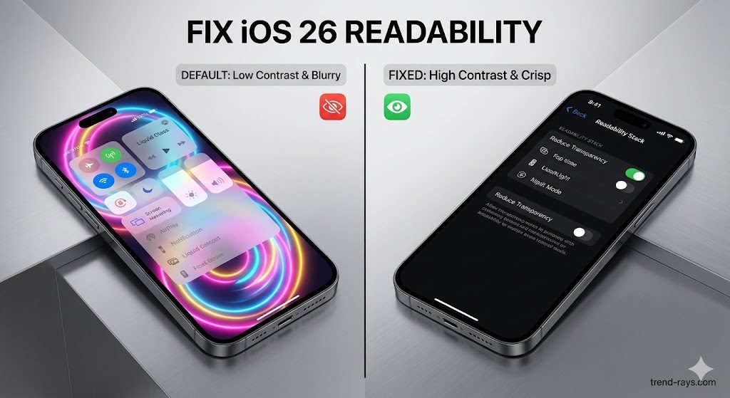 A modern, conceptual split-screen product photograph of a flagship iPhone running iOS 26. The image is clean, sleek, and high-tech, fitting a professional tech blog aesthetic. The Left Side (The Problem): Shows the iPhone displaying the default "Liquid Glass" Control Center. The menus are highly translucent and blurry, struggling against a bright, multi-colored neon wallpaper, creating very low contrast. The text appears difficult to read. Above this side, a subtle graphic label reads "DEFAULT: Low Contrast & Blurry." A red "eye strain" icon is positioned in the corner. The Right Side (The Solution): Shows the exact same iPhone and menu path, but with the "Readability Stack" applied. The "Reduce Transparency" setting is active, replacing the blur with a solid, sharp, high-contrast dark mode background. The white text is perfectly crisp and easy to read. Above this side, a graphic label reads "FIXED: High Contrast & Crisp." A green "healthy eye" icon is in the corner. Overall Composition: The phone is angled slightly toward the viewer on a minimalist, brushed metallic surface. A bold title text graphic across the top center of the entire image reads: "FIX iOS 26 READABILITY."