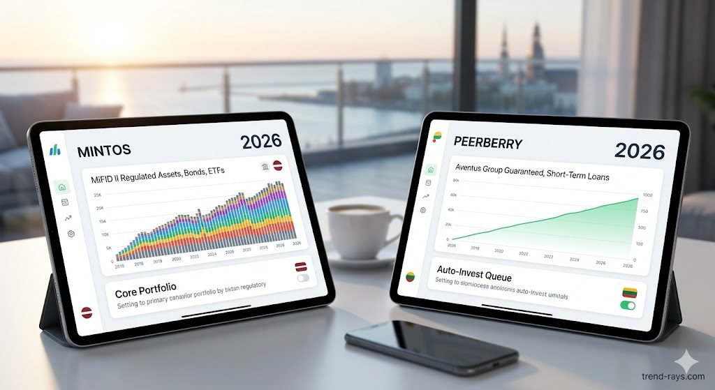Two tablet screens comparing the 2026 dashboards of Mintos (Latvian FCMC regulated assets) and PeerBerry (Aventus Group Guaranteed short-term loans).