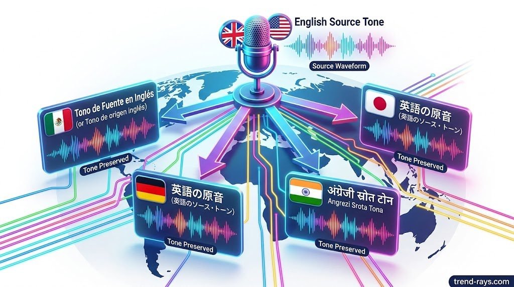 How AI Text-to-Speech is Disrupting the Voiceover Industry in 2026 (And the Top SaaS Tools to Use) 5 A vibrant 3D infographic workflow illustrating global content localization. At the top center, a stylized microphone icon with a UK/US flag icon emits an English text string (labeled "English Source Tone"). Arrows radiate outward simultaneously from this source to floating panels representing different regions (labeled Mexico, Germany, Japan, India), each showing a flag icon and the correctly translated text string, yet with the identical sound wave visualization as the source, labeled "Tone Preserved." Digital lines connect the globe with bright, interconnected neon lights. Modern technology aesthetic, multi-colored on a clean white background. Watermark "trend-rays.com" included.